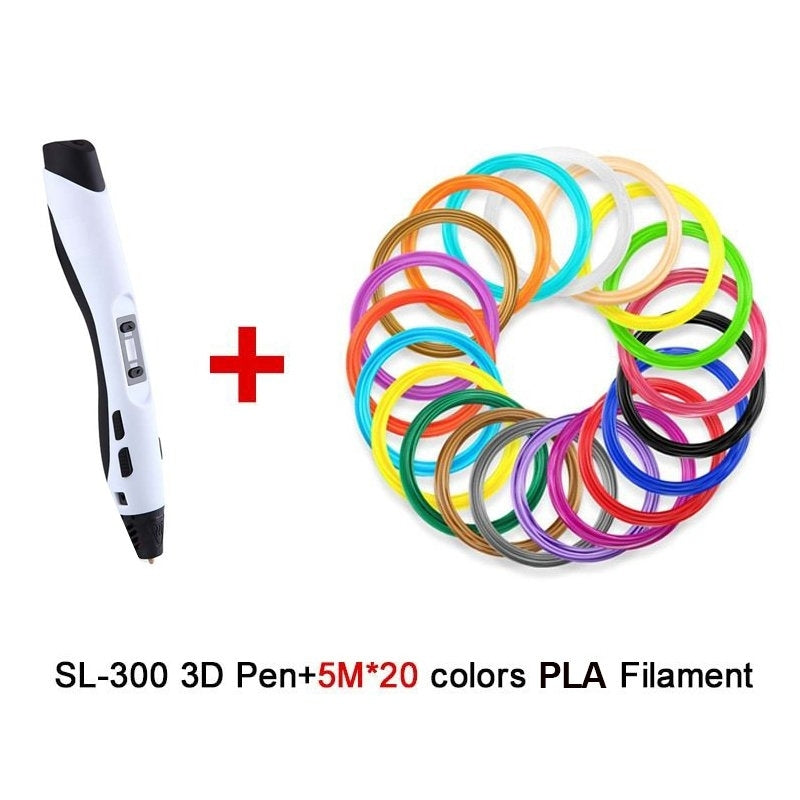 3D Drawing Printing Pen Intelligent Smart SL-300 (White) with PLA Filament 1.75mm 5M*20 Colours Refills Pack SL-BH005